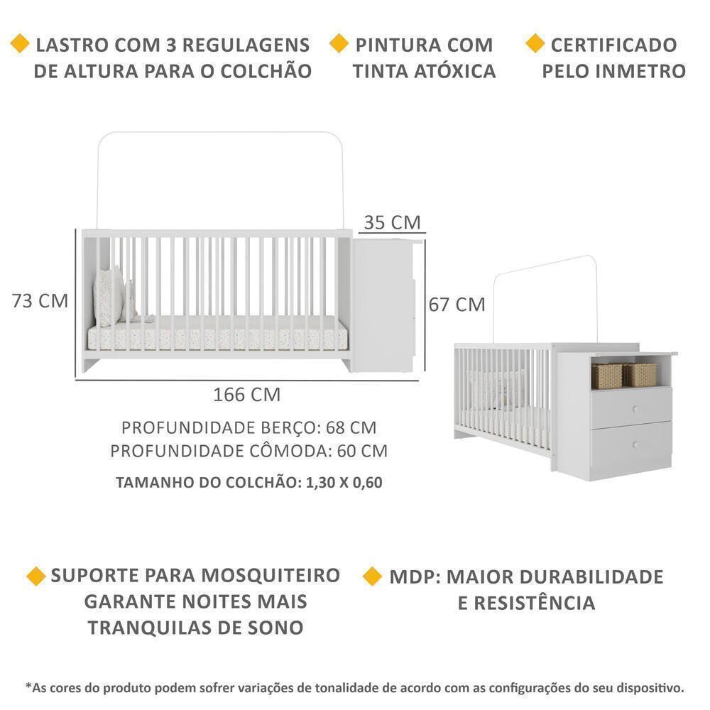 Berço Cômoda Para Colchão 60 X 130 Cm Multimóveis Meu Bebê Branco