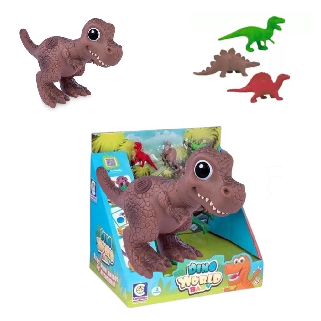 Boneco Dino World Babys T Rex Com 3 Mini Dinossaurinhos Emite Som 16cm Cotiplas