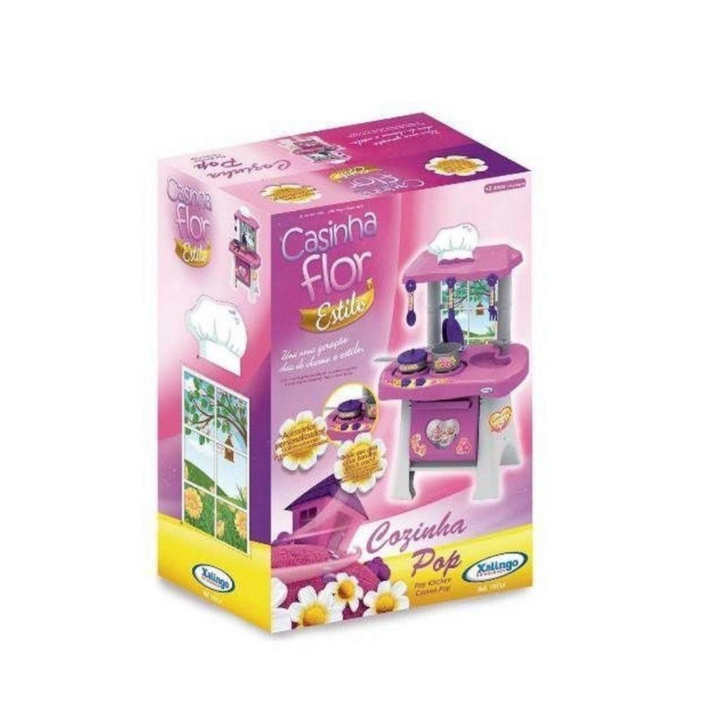 Brinquedo Cozinha Infantil Pop Casinha Flor Com Pia Fogão Forno E Coifa + Utensílios Xalingo