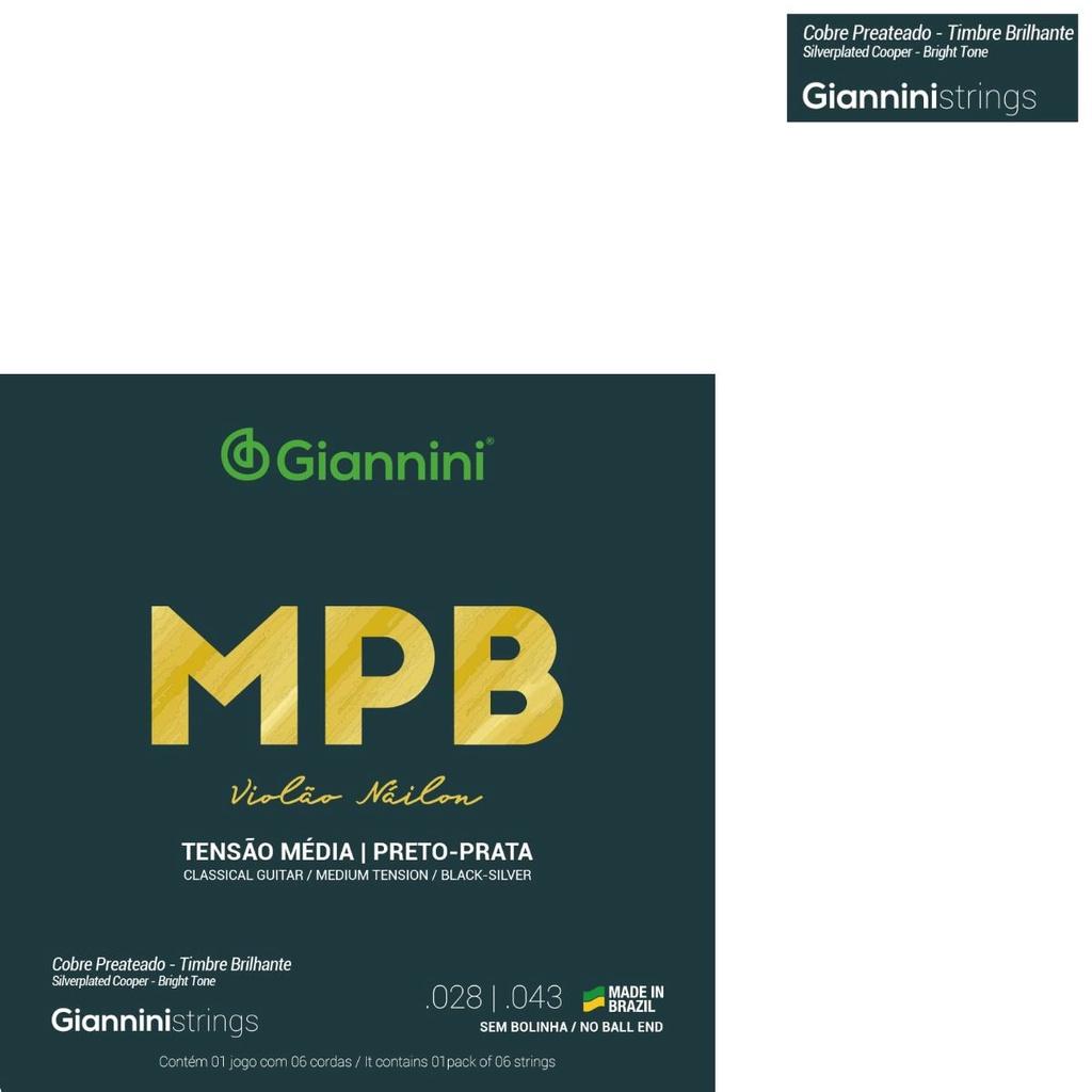 Kit 3 Encordoamento Violão Giannini Mpb Genwbs Nylon Preto-prata Média