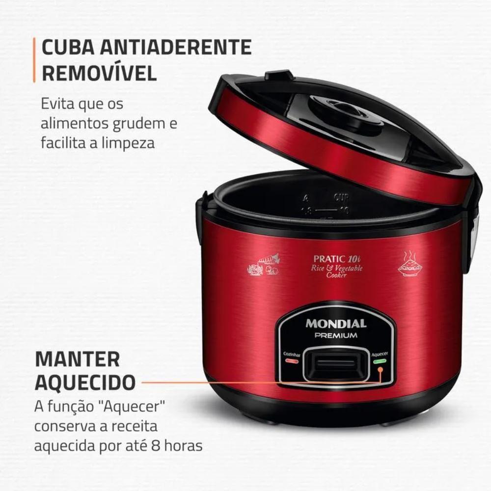 Panela Elétrica De Arroz Mondial Pratic 10i Premium Vermelho/inox 700W 220V - Pe-46-10x