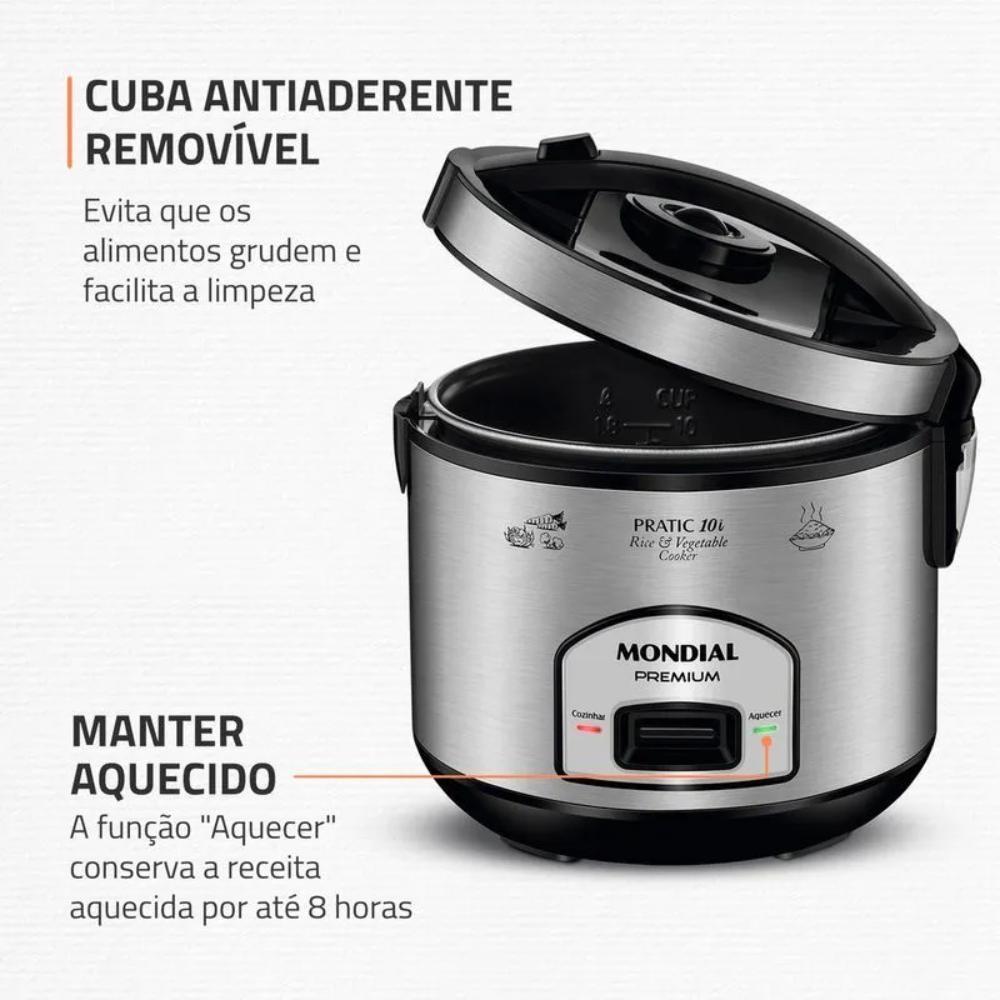 Panela Elétrica De Arroz Mondial Pratic 10i Premium Preto/inox 700W 220V - Pe-42-10x