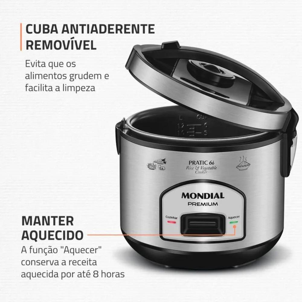 Panela Elétrica De Arroz Mondial Pratic 6i Premium Preto/inox 500W 127V - Pe-43-6x