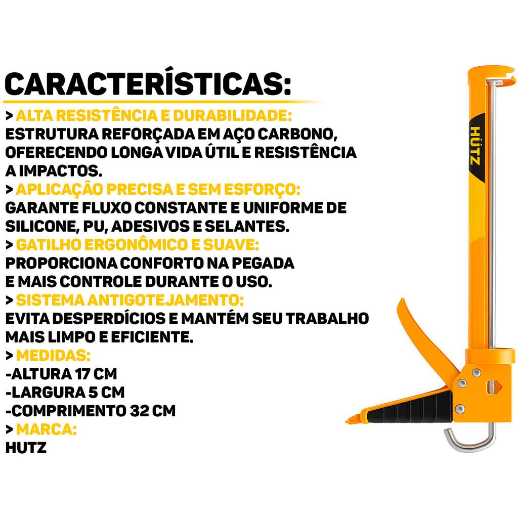 Aplicador De Silicone Tubo Cola Selantes Pistola Manual Profissional Aço Carbono Hutz