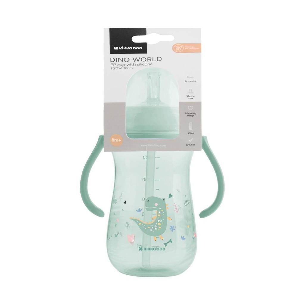 Copo Infantil Com Canudo De Silicone Dino World Mint 300ml Kikkaboo