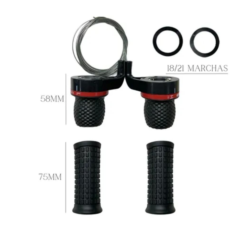Alavanca Passador De Punho Para Bicicleta 18 E 21 Marchas Grip Shif + Par De Manopla + Cabos