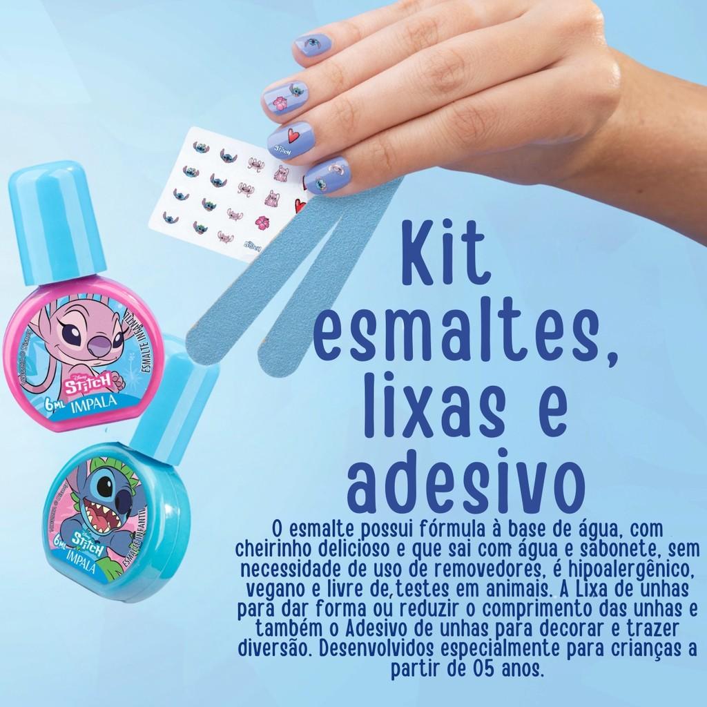 Kit 2 Esmaltes Impala + Lixa E Adesivo Stitch Unha Infantil