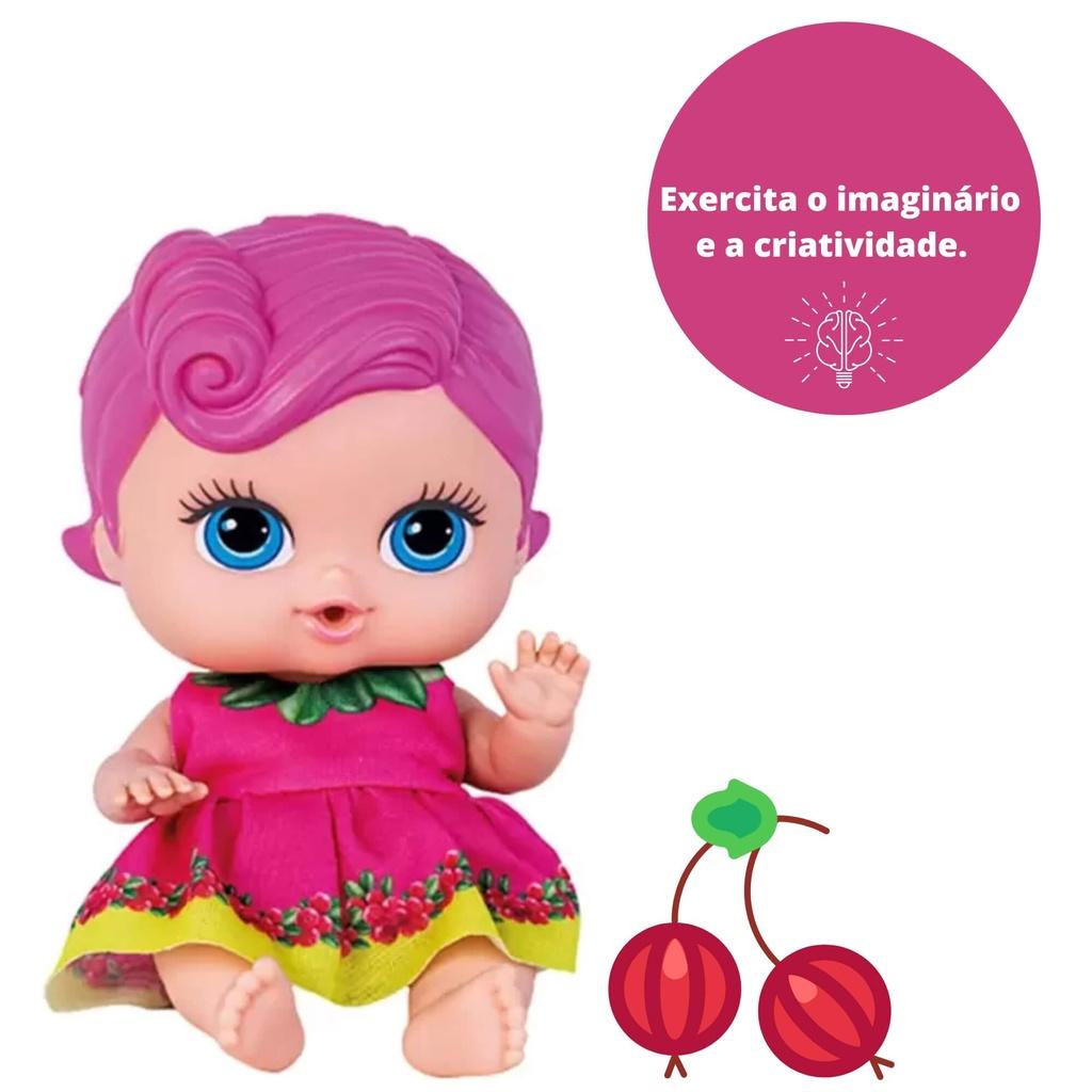 Brinquedo Boneca Coleção Frutinhas Groselha Com Cheirinho De Frutas 19cm Em Plástico Vinil Rosa Cotiplas