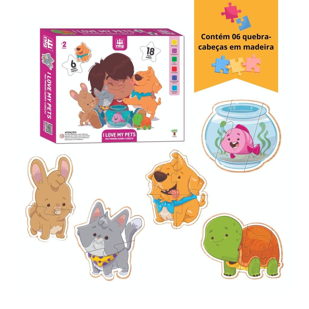 Quebra-cabeça Infantil I Love My Pets 30 Peças Madeira Nig