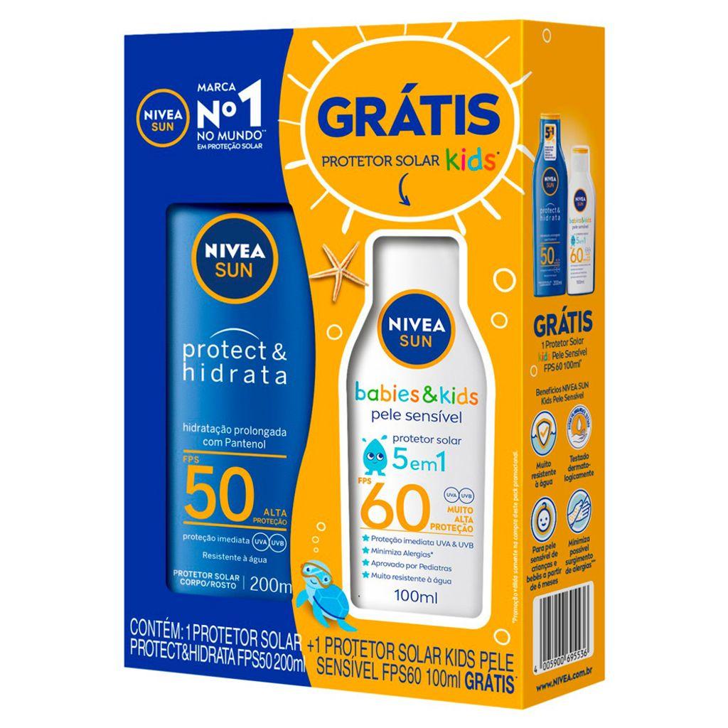 Protetor Solar Nivea Sun Protect Hidrata FPS 50 Loção 200ml E Ganhe Protetor Solar Nivea Sun Kids FPS 60 Loção 100ml