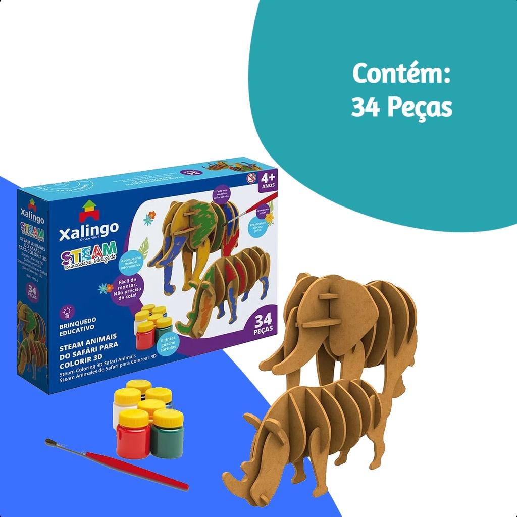 Steam Quebra-cabeça 3D Animais Do Safari Para Colorir 34 Peças Com 6 Tintas Guaches Sortidas Xalingo
