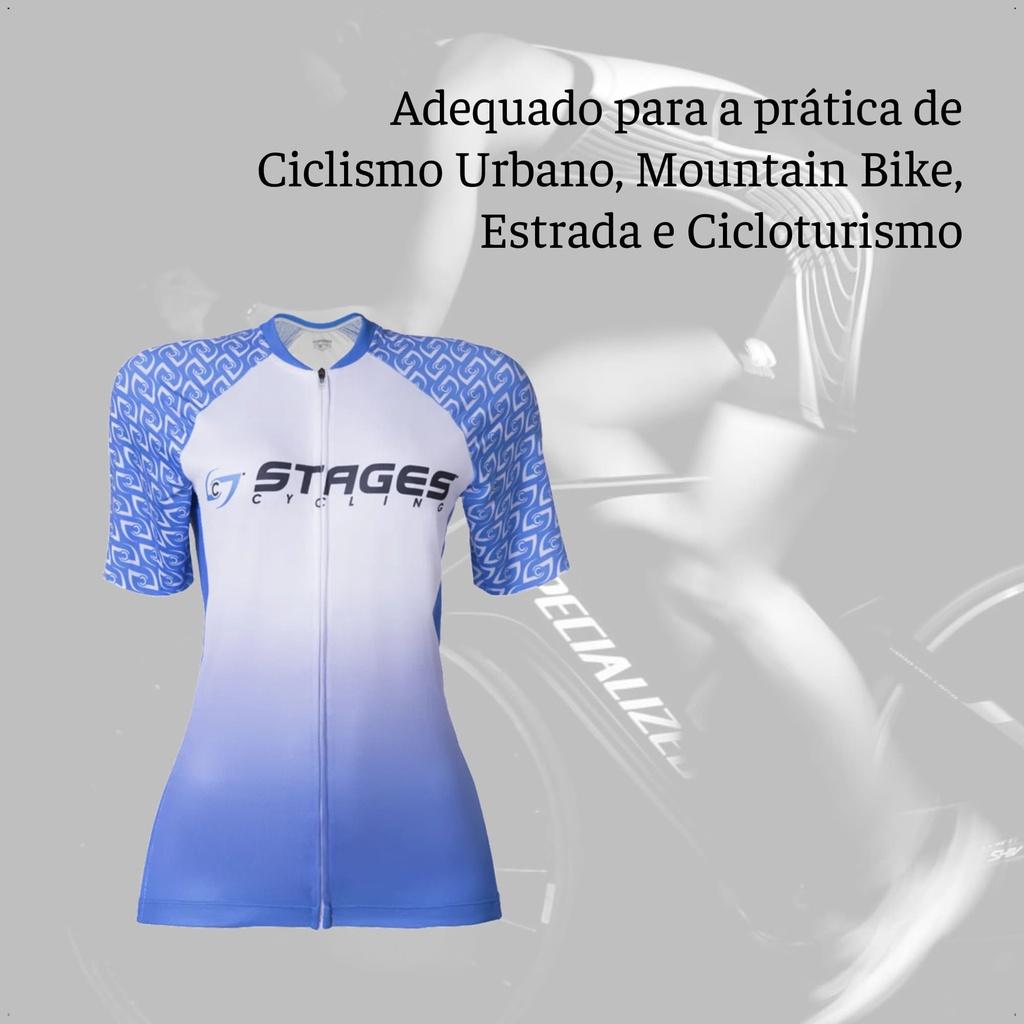 Camisa Ciclismo Feminina M Zíper Bolso Traseiro Degrade Branca E Azul Corrida Treino Academia Musculação Atrio Vb048