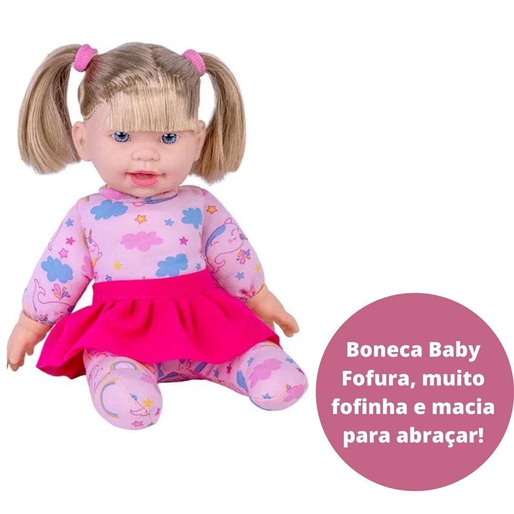 Brinquedo Boneca Baby Fofura Sortida Com Cabelo Loiro Em Plástico Vinil 25cm Com Roupinhas Rosa +3 Anos Cotiplas