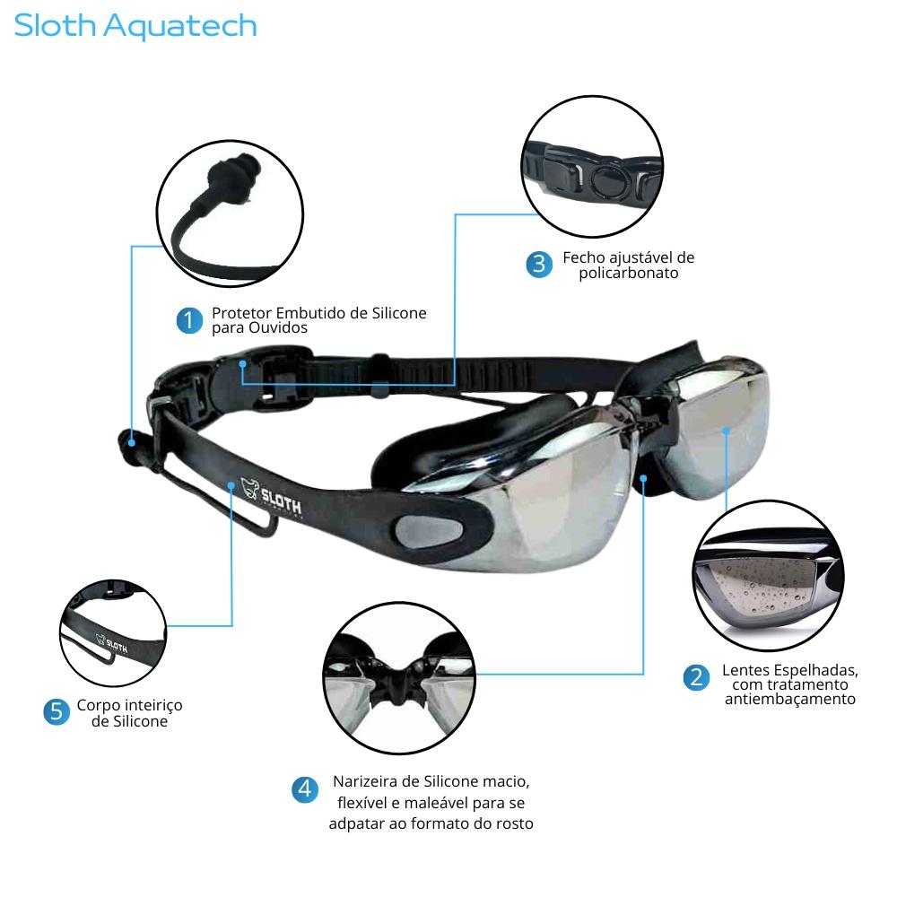 Óculos De Natação Espelhado Uv Com Protetor De Ouvido Sloth Aquatech Antiembaçante