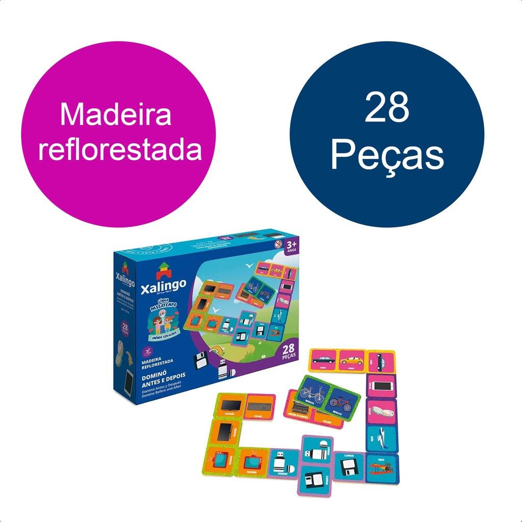 Jogo Passatempo Dominó Antes E Depois 28 Peças Em Madeira Reflorestada Pensamento Lógico +3 Anos Xalingo