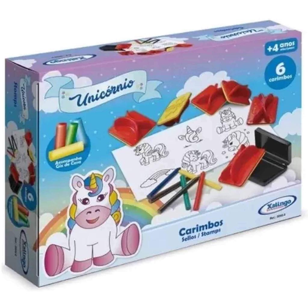 Carimbos Unicórnio Com 6 Carimbos E Giz De Cera Desenhar Pintar Xalingo Brinquedo Artes Infantil