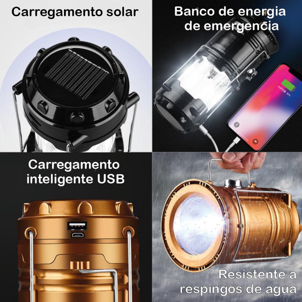 Lanterna Lampião Com LED C/Placa Solar Embutida Recarregável Via USB E Tomada Bivolt