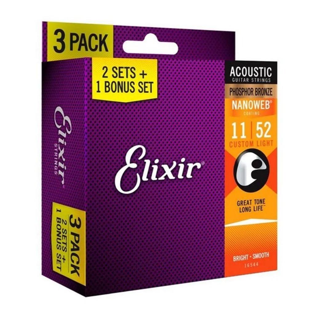 Kit Com 3 Encordoamentos Elixir 011 Custom Light Phospor Bronze Para Violão Aço