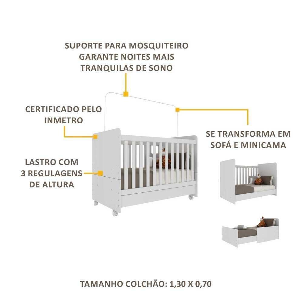 Berço Americano 3 Em 1 Com Rodízios Para Colchão 70 X 130 Cm Pimpolho Multimóveis Branco