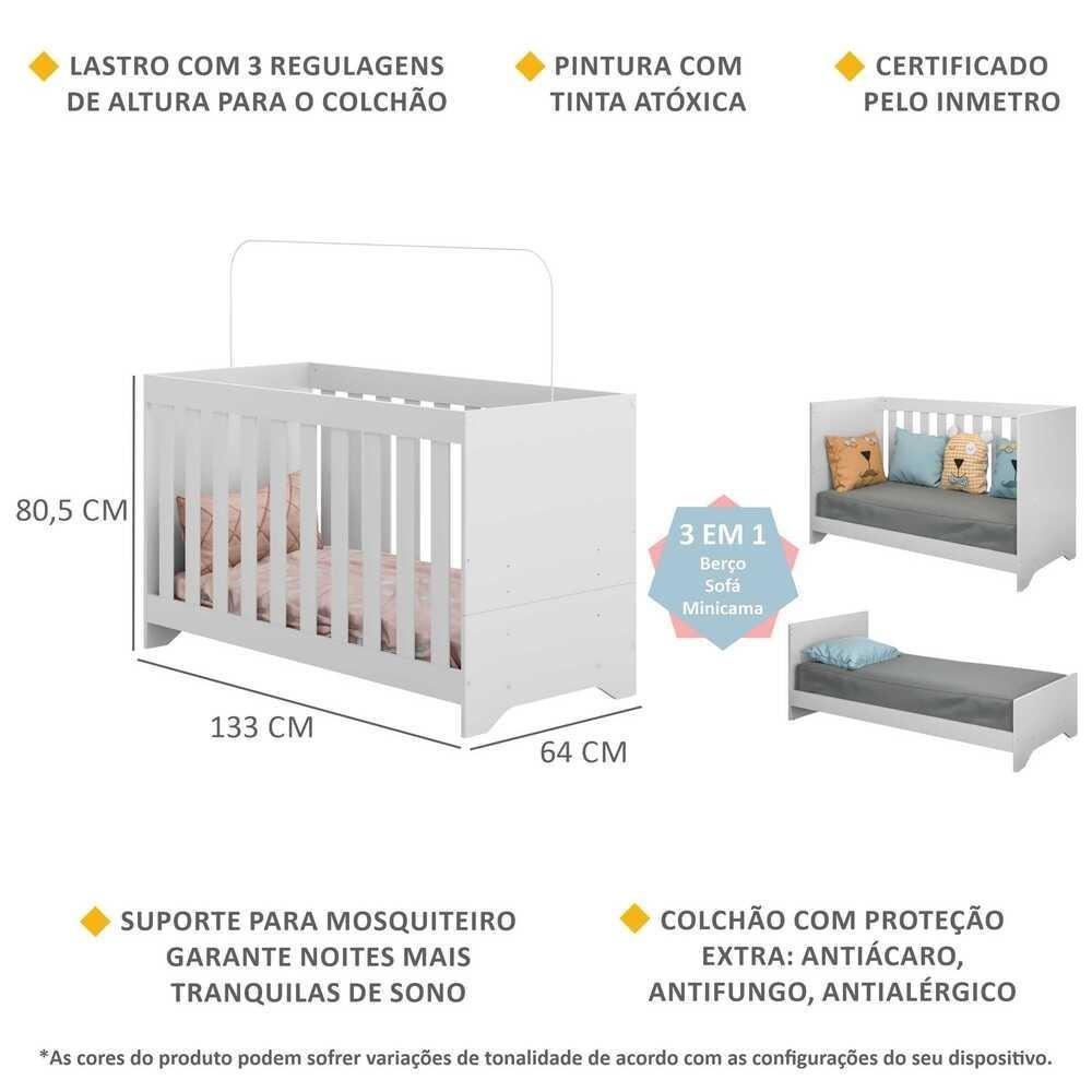 Berço 3 Em 1 Vira Cama Com Colchão Incluso Elza Multimóveis Branco