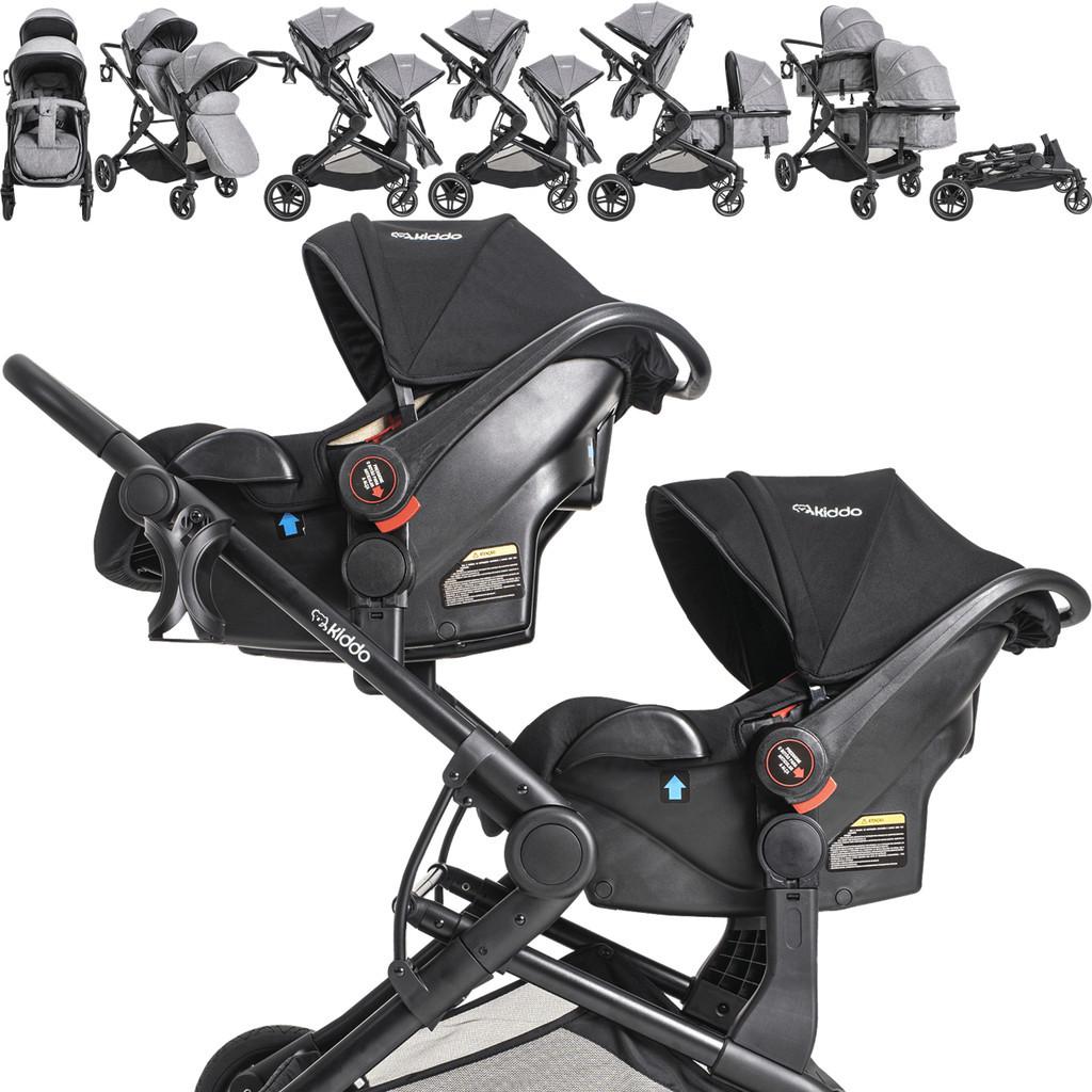 Carrinho De Bebe Para Gemeos Kiddo Com 2 Bebe Conforto 2 Base Isofix Pair Cinza
