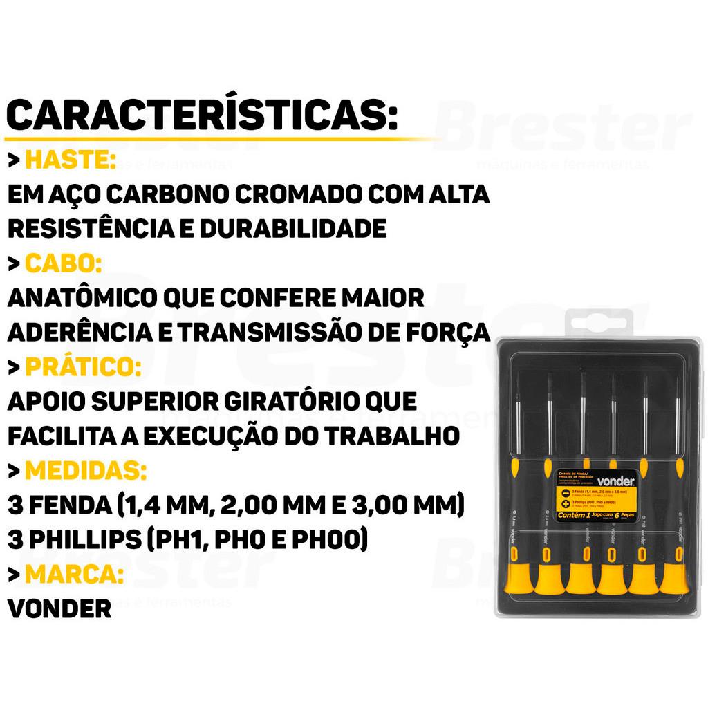 Chave De Fenda E Phillips De Precisão Haste Em Aço Cromado Para Relojoarias Eletrônicos 6 Peças Vonder