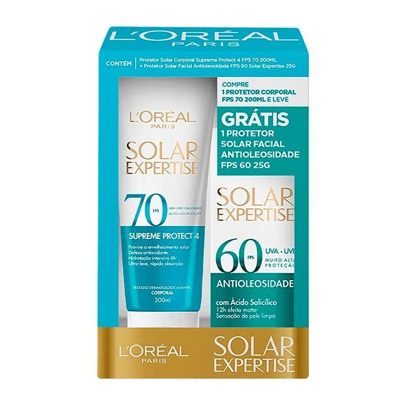 Kit Protetor Solar L Oréal Paris Expertise Supreme Protect4 Fps70 200ml + Protetor Solar Facial Antioleosidade Fps60 25g
