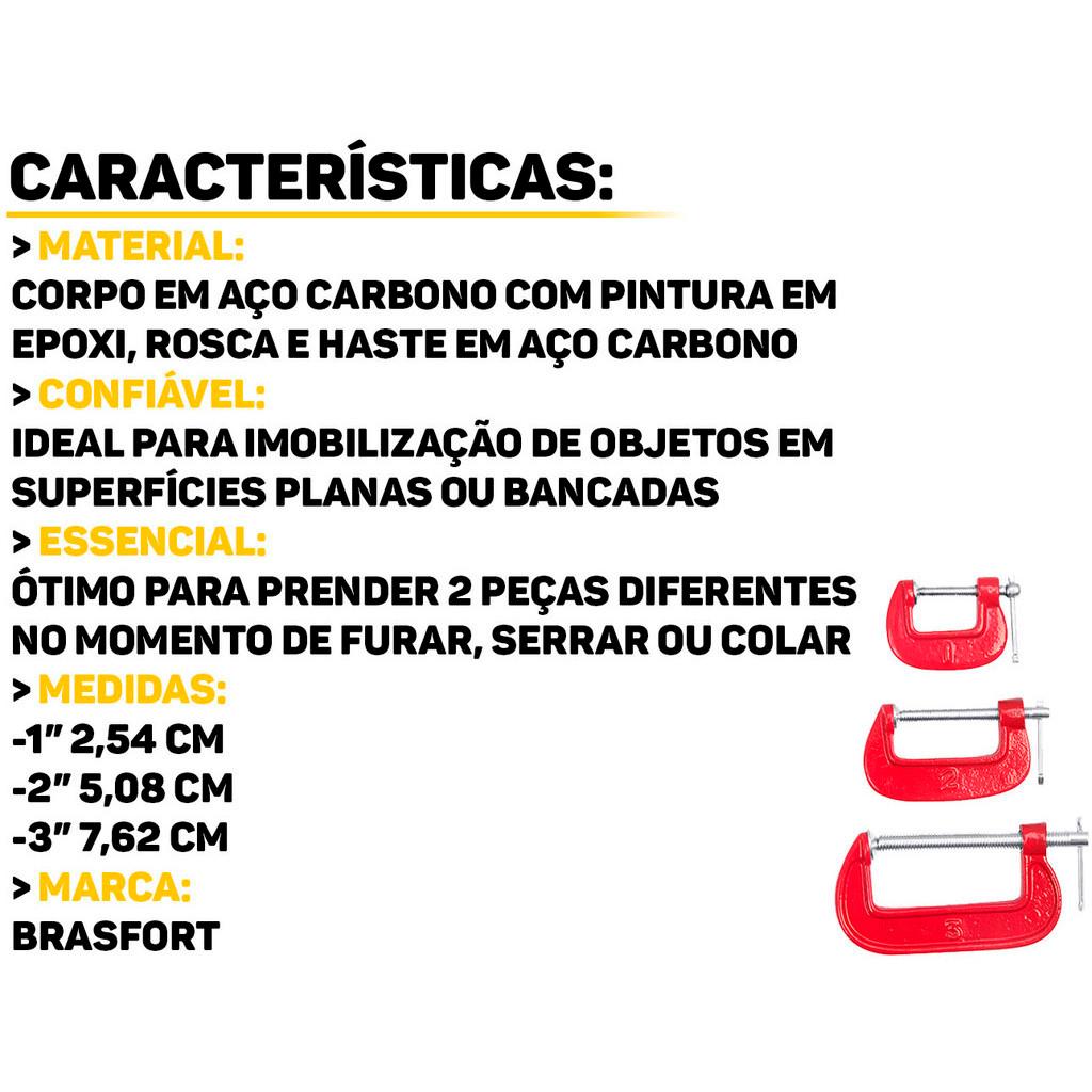 Conjunto De Grampos Sargento Tipo C Para Marceneiro Serralheiro 1 A 3 Polegadas Três Und Brasfort