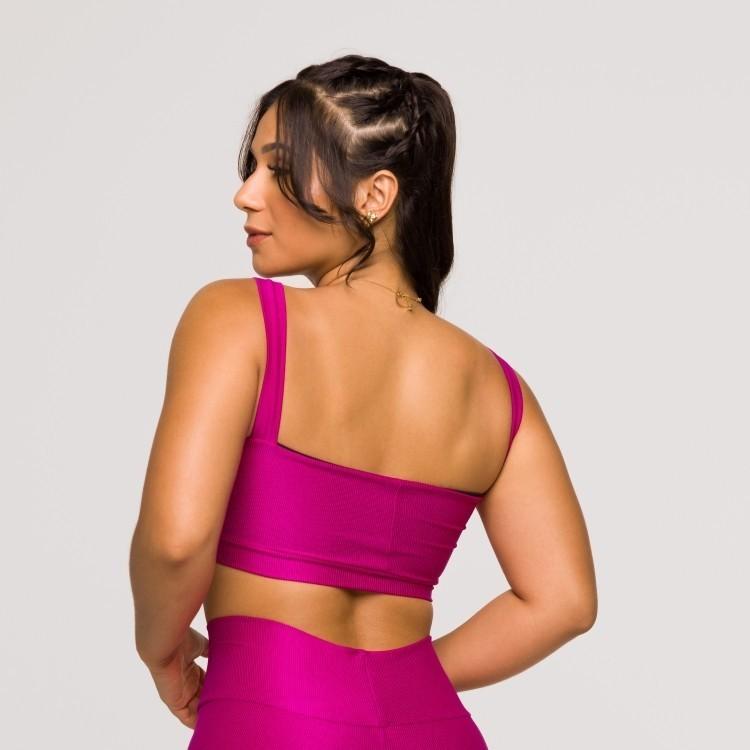 Top Feminino Rosa Fúcsia Fitness Poliamida Academia Decote Reto Crossfit