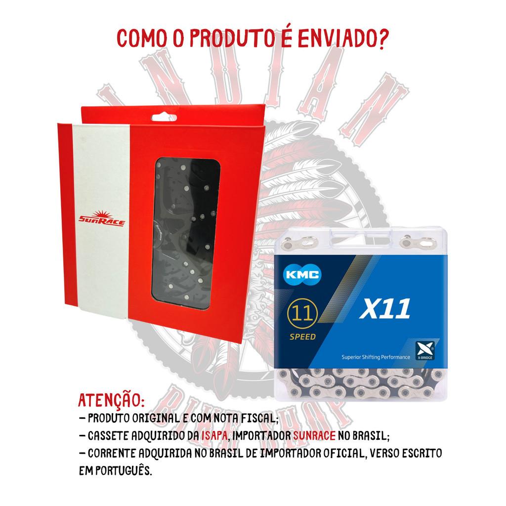 Cassete 11V Sunrace MS8 11/51d Preto + Corrente Kmc X11 Silver 118 Elos - 1x11v - Mtb