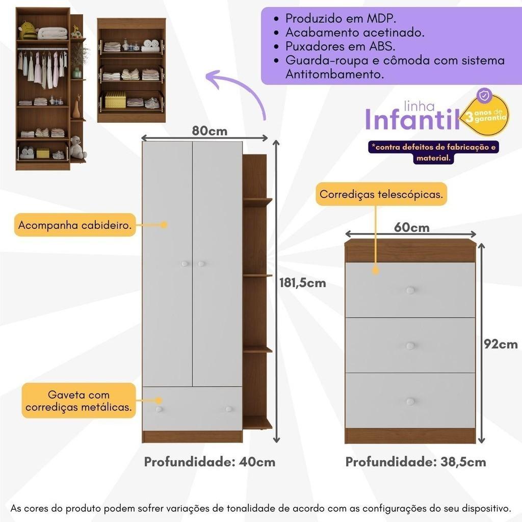 Guarda-roupas 2 Portas 1 Gaveta Com Cômoda 3 Gavetas Infantil Doce De Leite Multimóveis