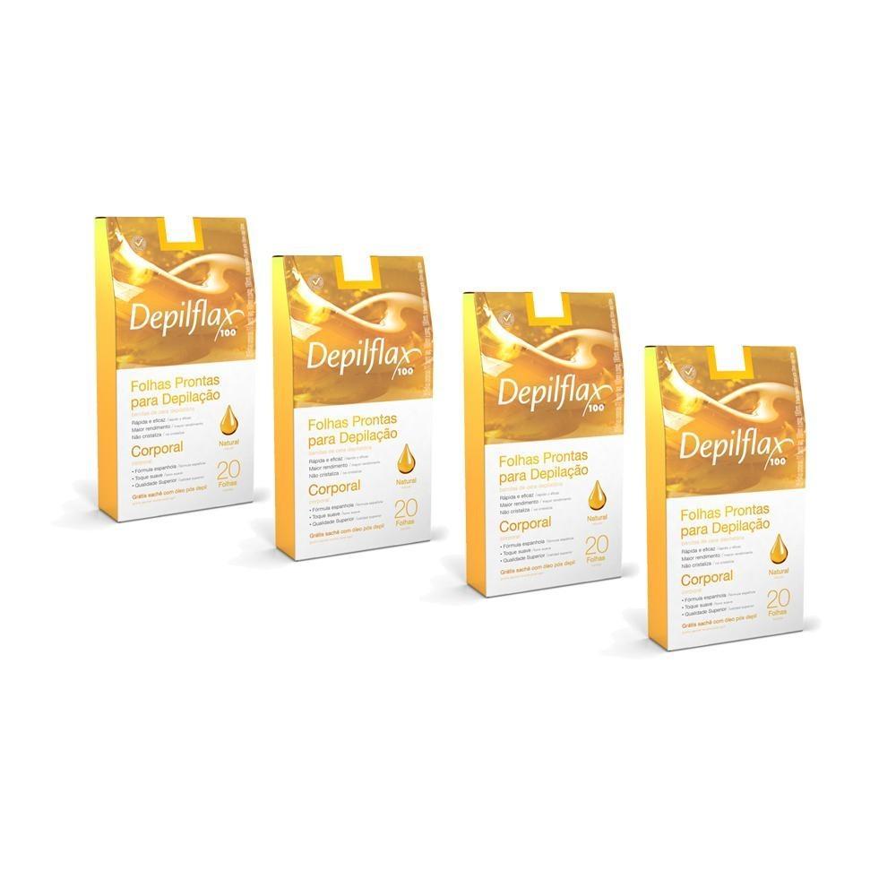 Kit 4x Folhas Prontas Corporais C/20 Uni. Natural Depilflax