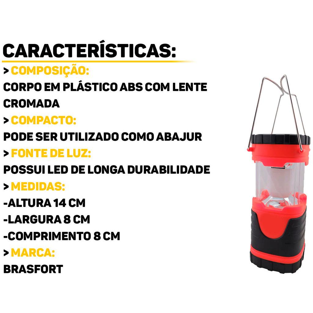 Lanterna De LED Para Camping Retrátil À Pilha Tipo Lampião Lente Cromada Brasfort