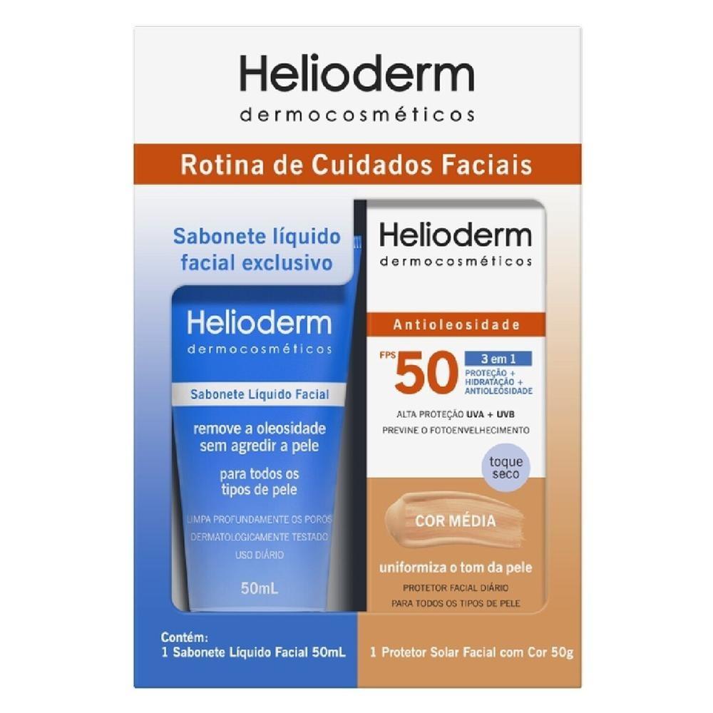 Kit Sabonete Liquido Facial Helioderm 50ml + Protetor Solar Facial Fps50 Cor Media 50g