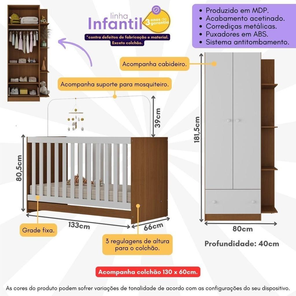 Berço 3 Em 1 Com Guarda-roupas 2 Portas 1 Gaveta E Colchão Incluso Doce De Leite Multimóveis