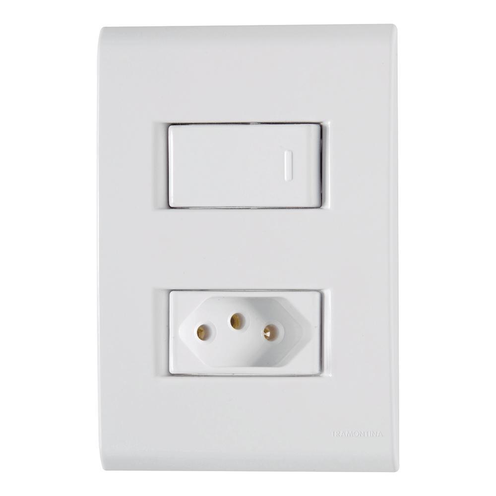 Conjunto 4 X 2 Tramontina Com Interruptor Simples E Tomada 2 Pinos + Terra 10A 250v Branco - 57170/264
