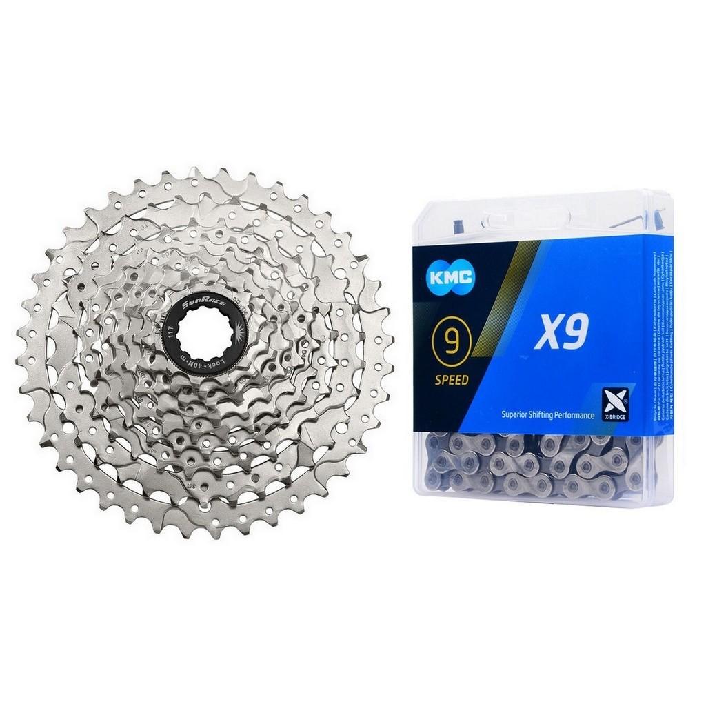 Cassete Sunrace M980 11-40d + Corrente Kmc X9 Silver/Prata 116 Elos - 9V