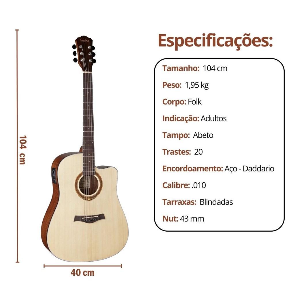 Kit Violão Elétrico Hofma Hmf290 Com Afinador Aço Folk Satin Natural + Acessórios