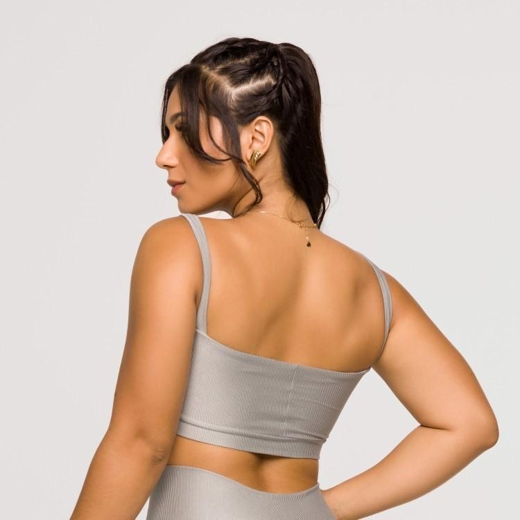 Top Feminino Prata Fitness Poliamida Cinza Academia Decote Reto Crossfit