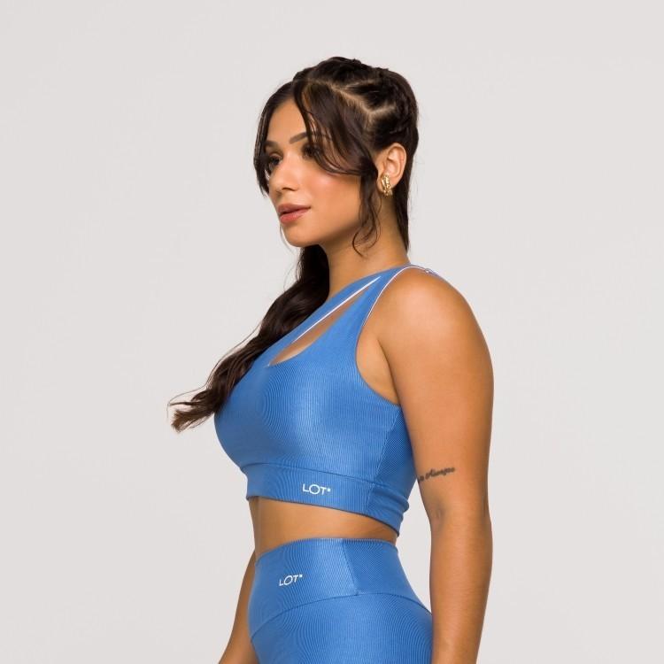Top Feminino Azul Fitness Ombro Só Gota Poliamida Academia