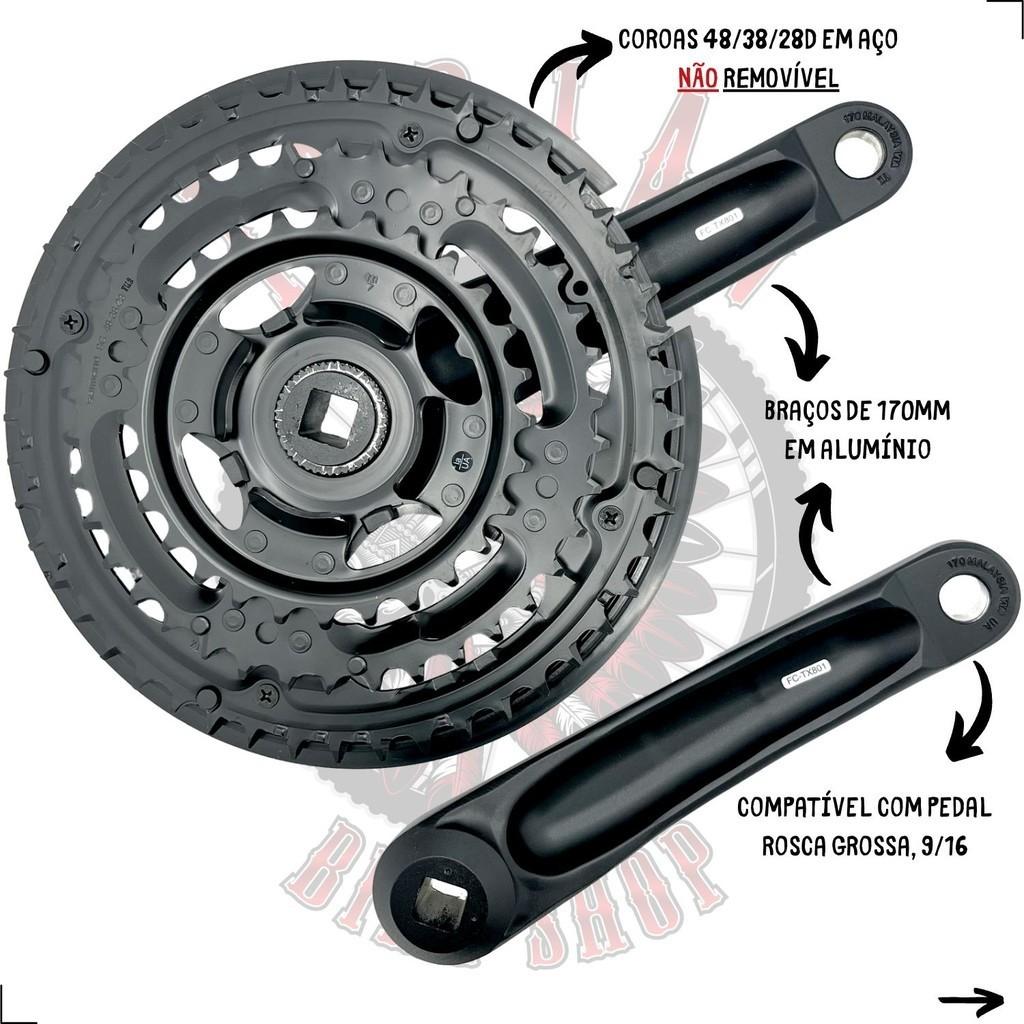 Pedivela Shimano Tourney Tx Fc-tx801 170mm Ponta Quadrada - Coroas 48/38/28d - 3X7V/3X8V Com Proteção P/Corrente