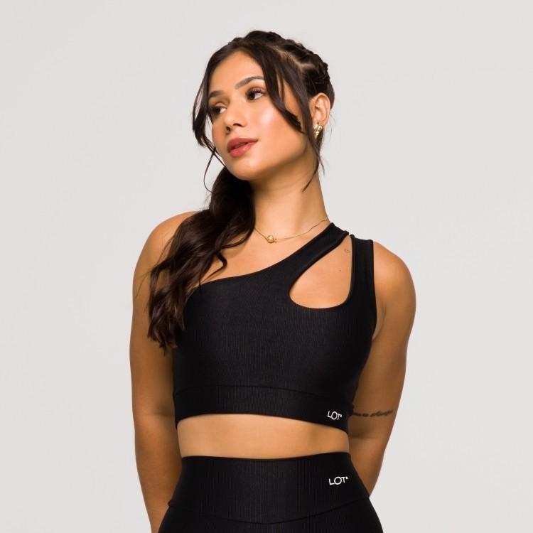 Top Academia Poliamida Fitness Feminino Preto Ombro Só Gota