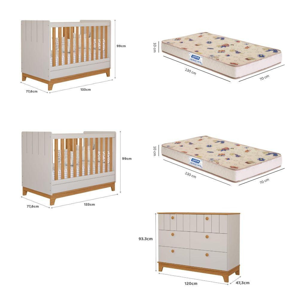 Quarto Bebê Gêmeos Berço Mini Cama Cômoda 6 Gavetas Liza E 2 Colchões Gazin Permobili