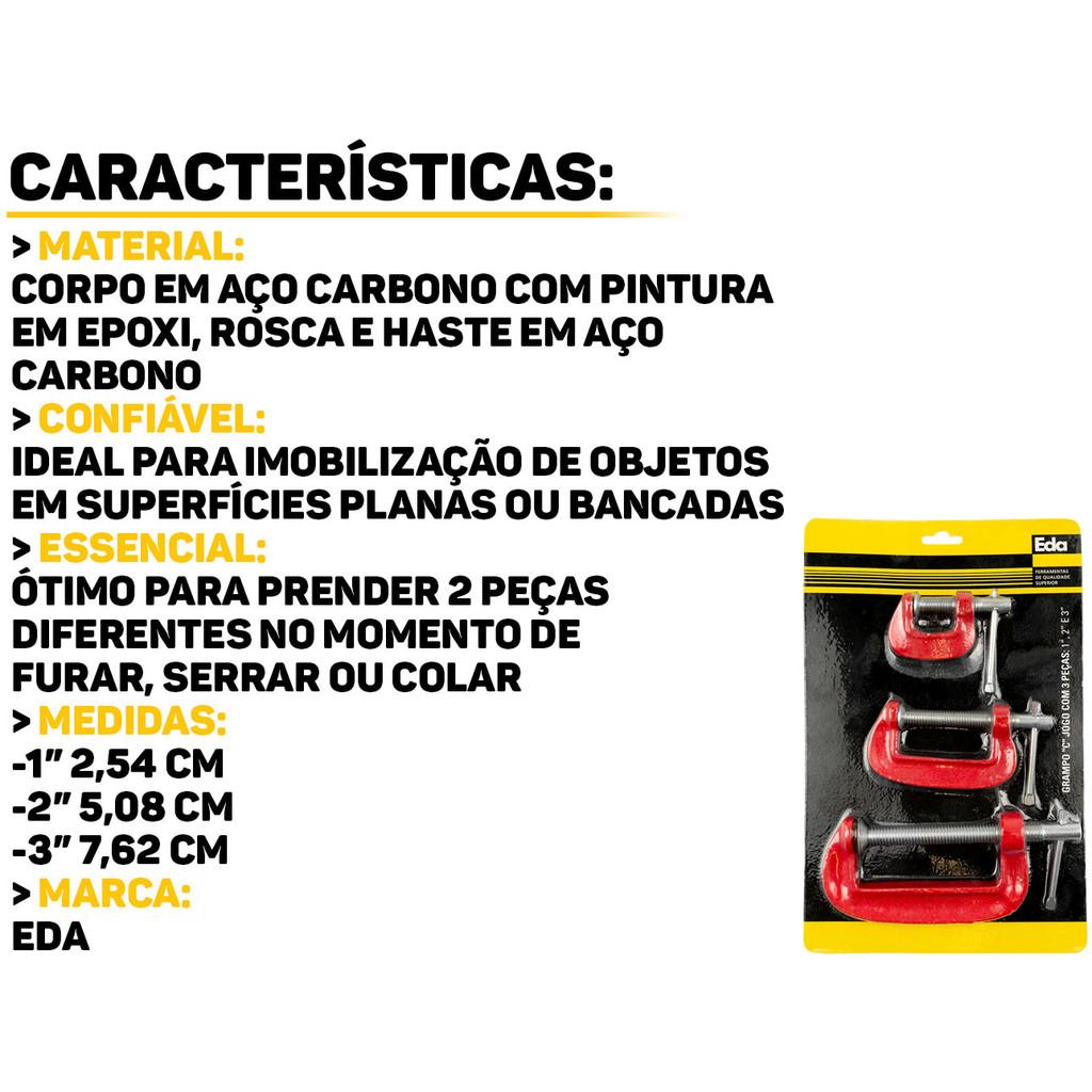 Jogo De Grampos 3 Peças Tipo C Sargento 1 2 E 3 Pol P/Aperto Marcenaria Carpintaria Multiuso Eda