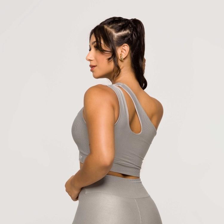 Top Feminino Prata Fitness Poliamida Academia Cinza Ombro Só Crossfit