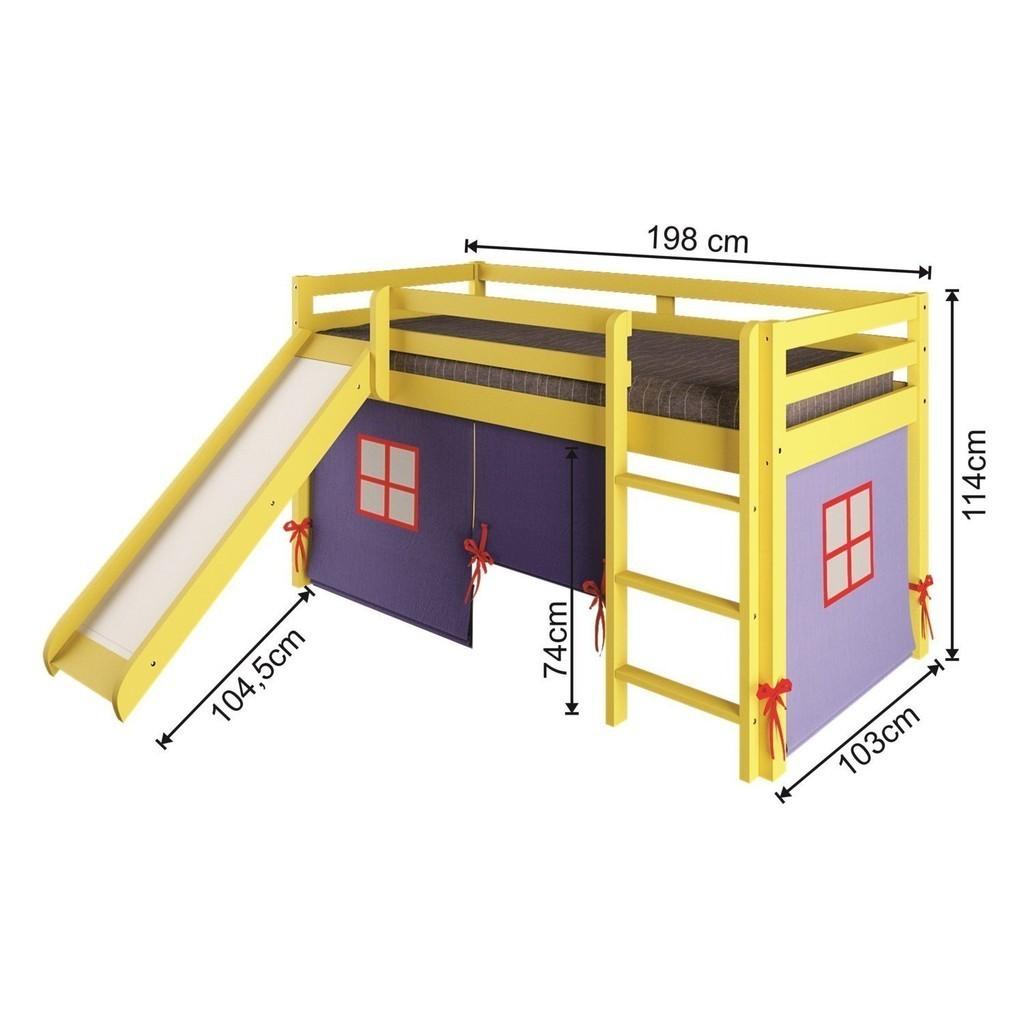 Cama Alta Infantil Com Escorregador E Tenda Em Madeira Maciça/mdf Amarelo/azul Amarelo
