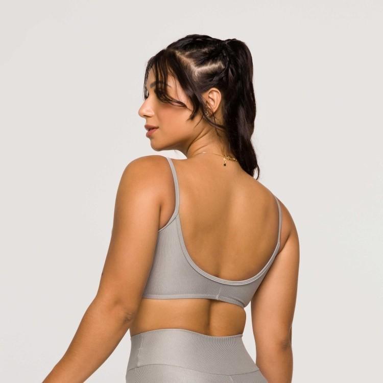 Top Feminino Prata Fitness Poliamida Academia Costas Aberta