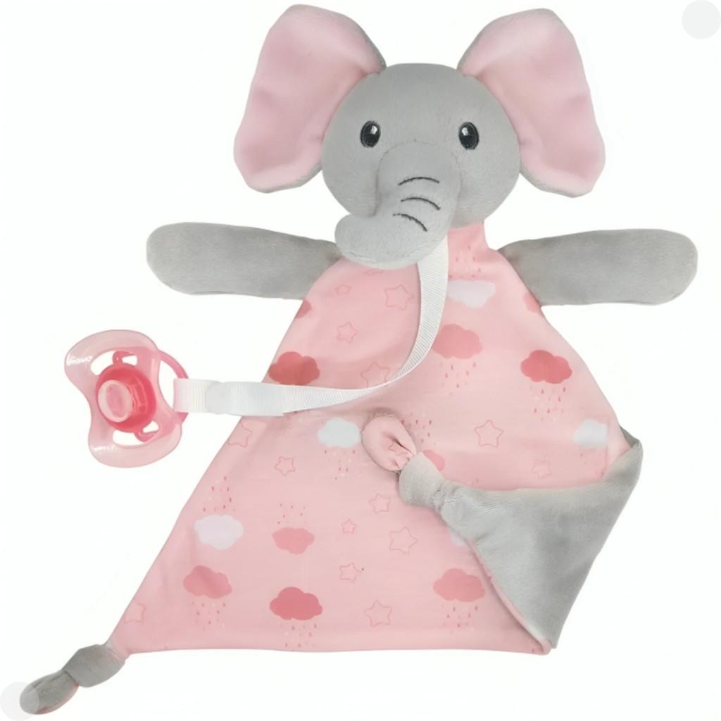 Naninha Elefante Rosa Com Prendedor De Chupeta Buba Macia Pelúcia Soninho