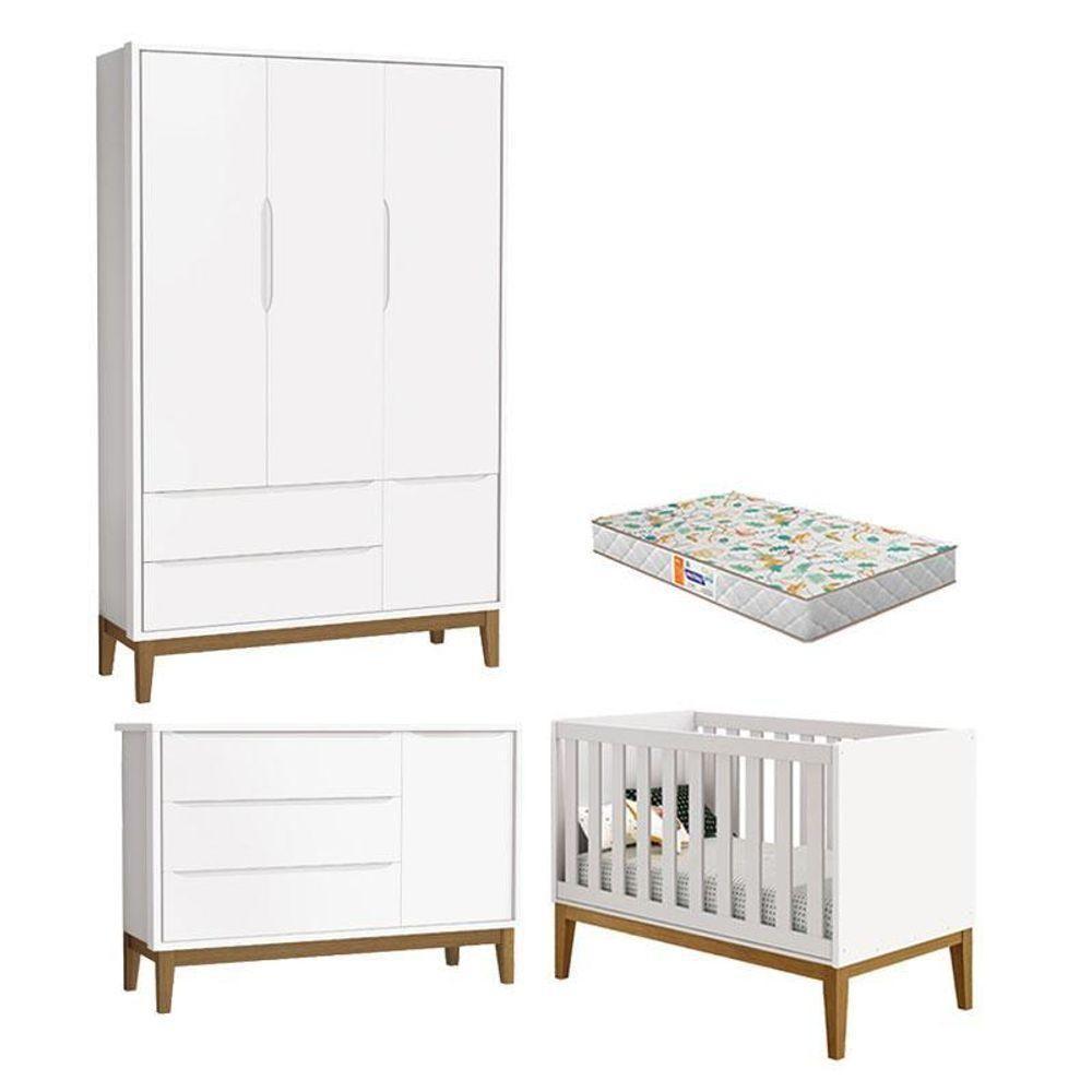 Quarto De Bebê 3 Portas New Classic Branco Com Pés Madeira E Colchão Gazin Reller