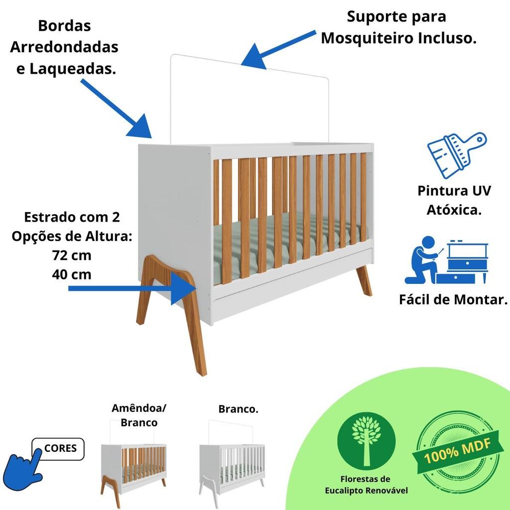 Quarto Bebê Completo Berço Americano Cômoda 1 Porta Arco Retrô 100 Mdf